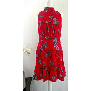 Eliza J Red Floral Print Mini Dress Mock Neck Open Back Bow Feminine Size 10